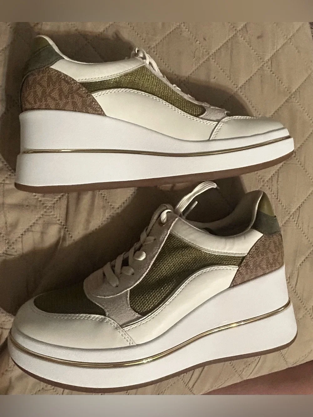 Michael Kors Emmy Mixed Media Wedge Trainer Sneaker Husk Olive Gold 9.5